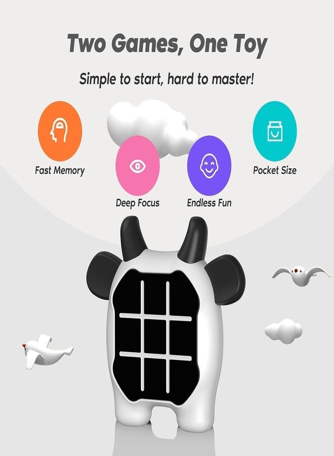 CIRBOX Tic Tac Toe Game, Animal-Themed 2-in-1 Handheld Puzzle Game Console, Travel Game for Learning and Memory Development, Board Games for Kids and Adults (Cow) - Image 2